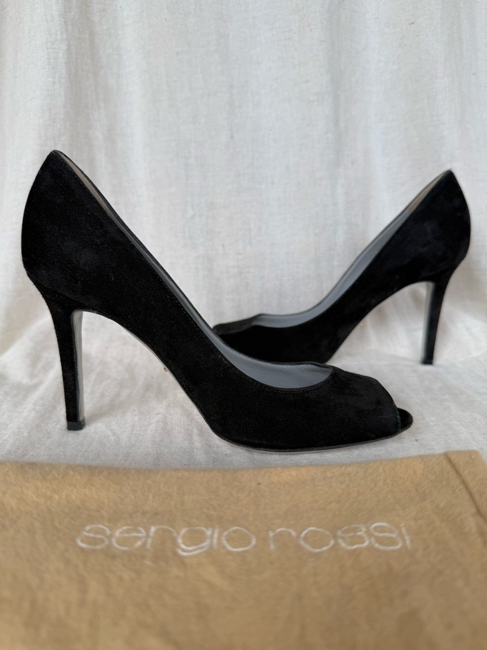 Italian, Sergio Rossi - Black Suede Peep-Toe High Heels - Great Condition